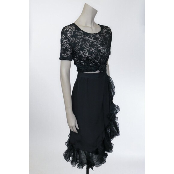 Vintage 1990s 90s Black Silk Ruffled True Wrap Skirt M Goth Gothic Minimalist - Picture 8 of 9